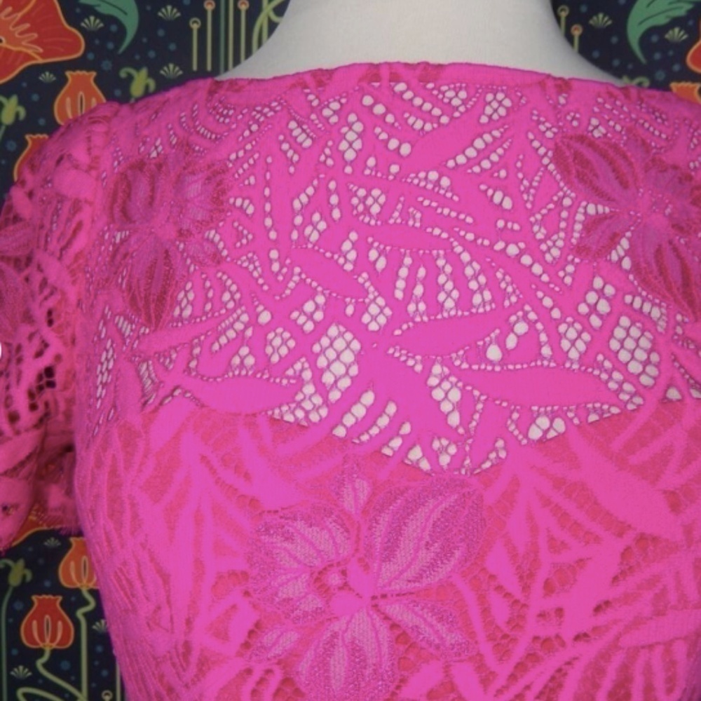 Lela Rose Hot Bright Pink Guipure Lace Shirt Sleeve Pencil Cocktail Dress 2 - Picture 3 of 6